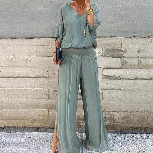 Fernanda- Conjunto elegante 2 Piezas pantalón de pierna ancha + blusa holgada